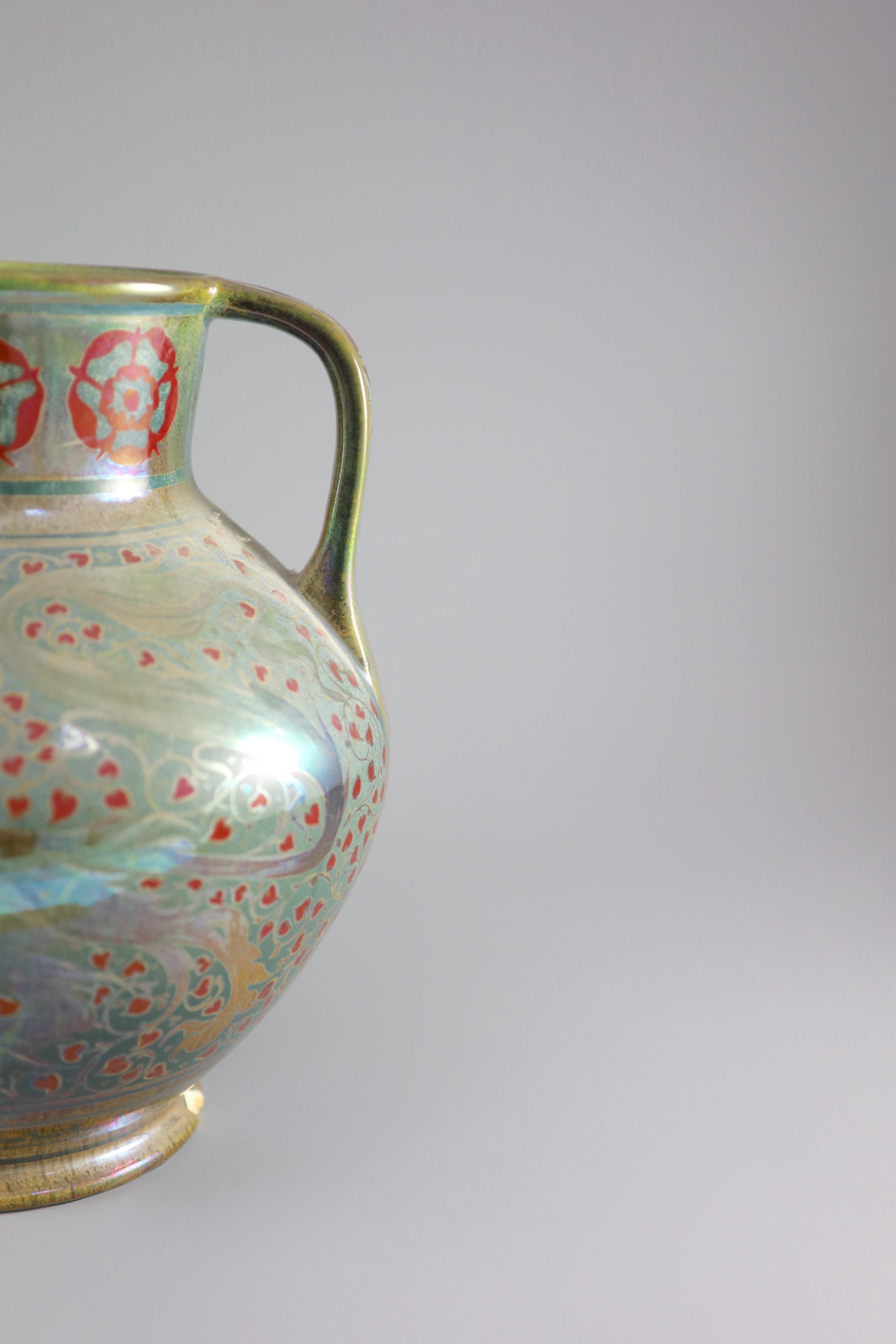 A Pilkingtons Royal Lancastrian lustre two handled vase, by Gordon M. Forsyth, 28.5cm high